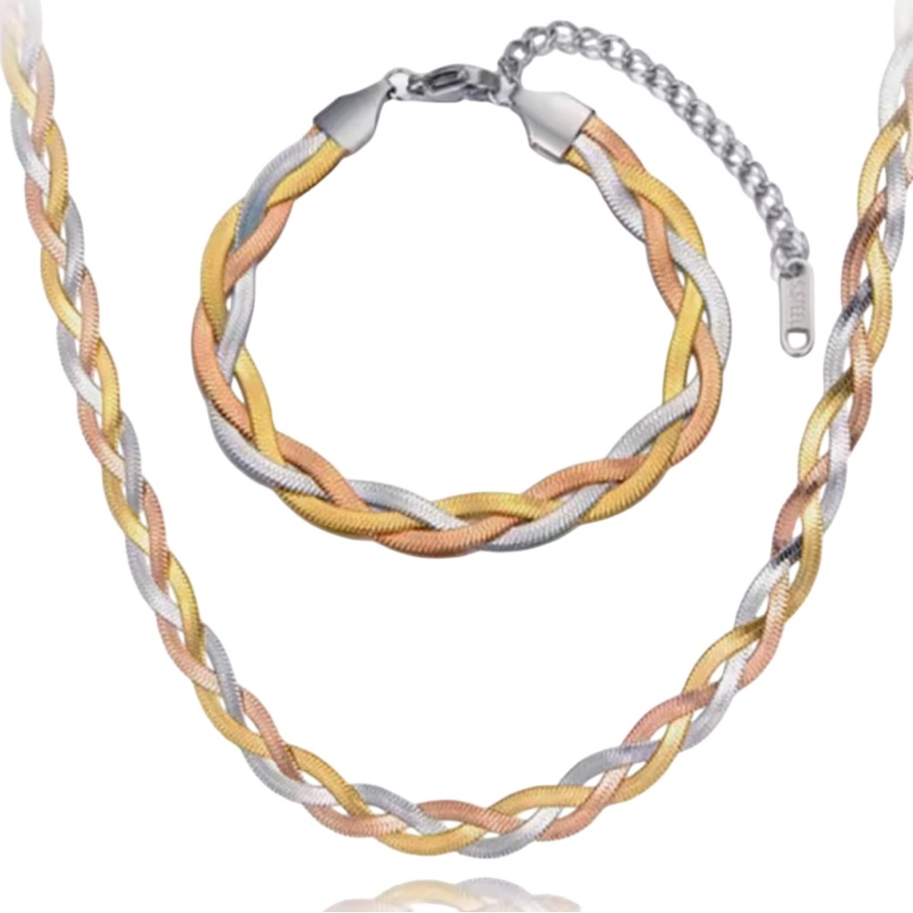 Tri-Color Triple Braided Snake chain Necklace and Bracelet Set Stainless Steel